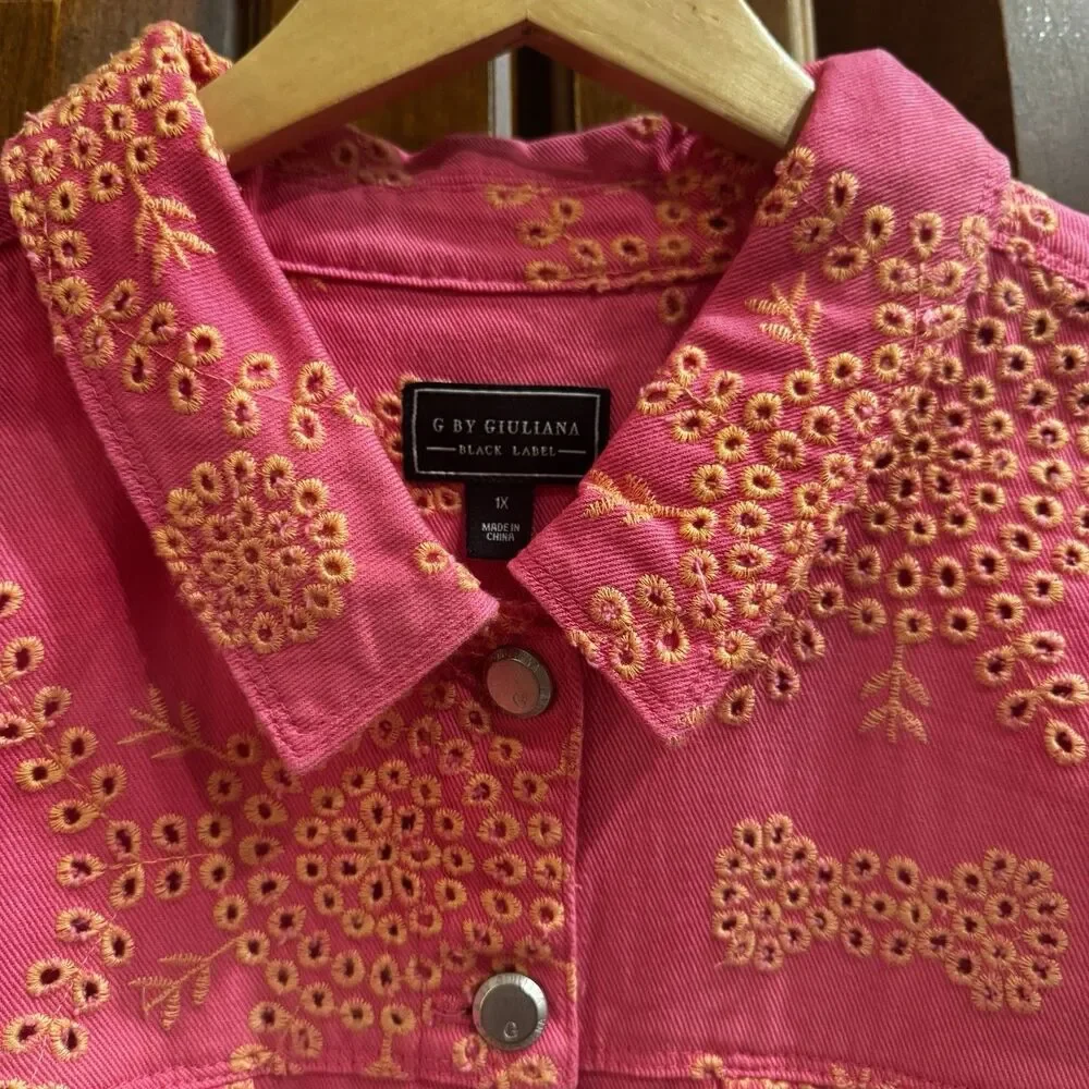 G by Giuliana Women's Black Label Puff-Sleeve Eyelet Jean Jacket Magenta Size 1X